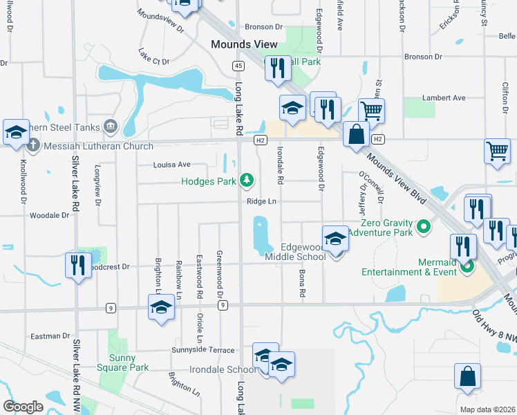 map of restaurants, bars, coffee shops, grocery stores, and more near 5201 Irondale Road in Mounds View