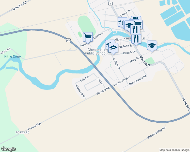 map of restaurants, bars, coffee shops, grocery stores, and more near 36 Lori Lane in Chesterville