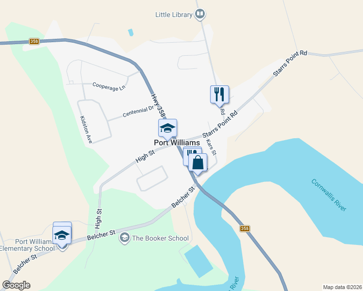 map of restaurants, bars, coffee shops, grocery stores, and more near 1020 Nova Scotia 358 in Port Williams