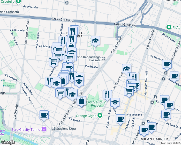 map of restaurants, bars, coffee shops, grocery stores, and more near 117/D Corso Venezia in Torino