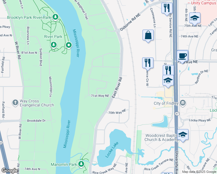 map of restaurants, bars, coffee shops, grocery stores, and more near 7136 East River Road in Fridley