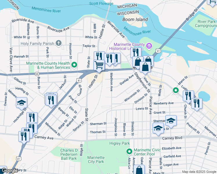 map of restaurants, bars, coffee shops, grocery stores, and more near 1905 Dunlap Avenue in Marinette