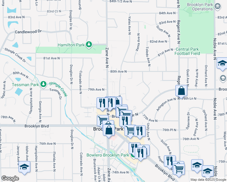 map of restaurants, bars, coffee shops, grocery stores, and more near 7870 Zane Avenue North in Brooklyn Park