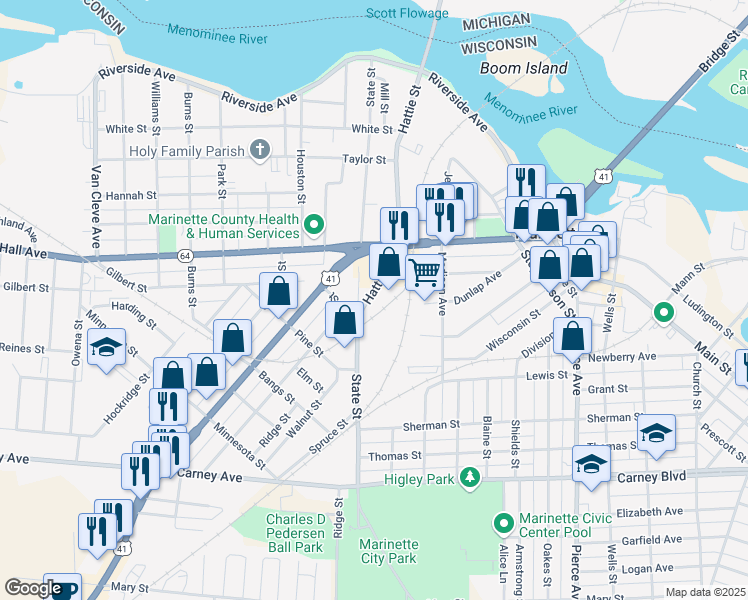 map of restaurants, bars, coffee shops, grocery stores, and more near 650 Hattie Street in Marinette