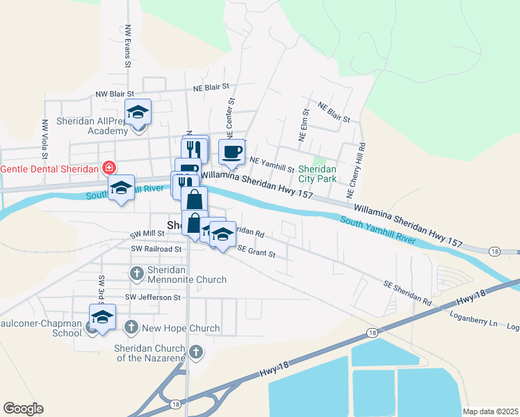 map of restaurants, bars, coffee shops, grocery stores, and more near 341 Southeast Sheridan Road in Sheridan