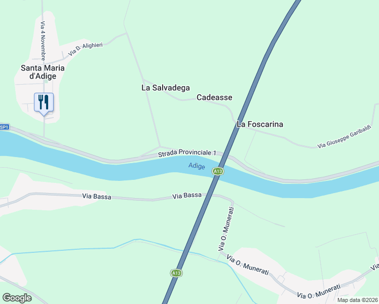 map of restaurants, bars, coffee shops, grocery stores, and more near Strada Provinciale 1 in Provincia di Padova