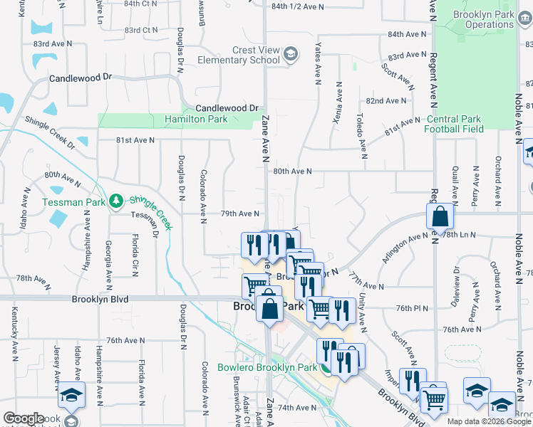 map of restaurants, bars, coffee shops, grocery stores, and more near Zane Ave N & 79th Ave N in Brooklyn Park