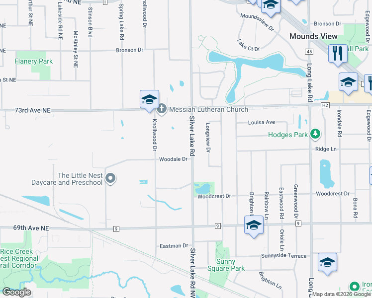 map of restaurants, bars, coffee shops, grocery stores, and more near 7180 Silver Lake Road in Mounds View