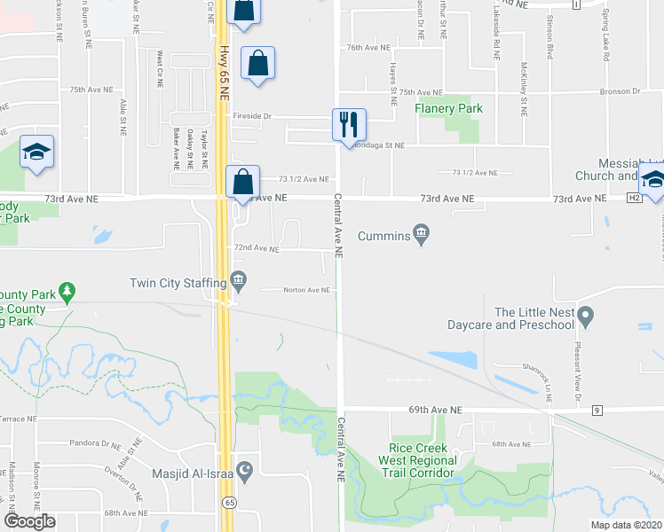 map of restaurants, bars, coffee shops, grocery stores, and more near 7170 Central Avenue Northeast in Minneapolis