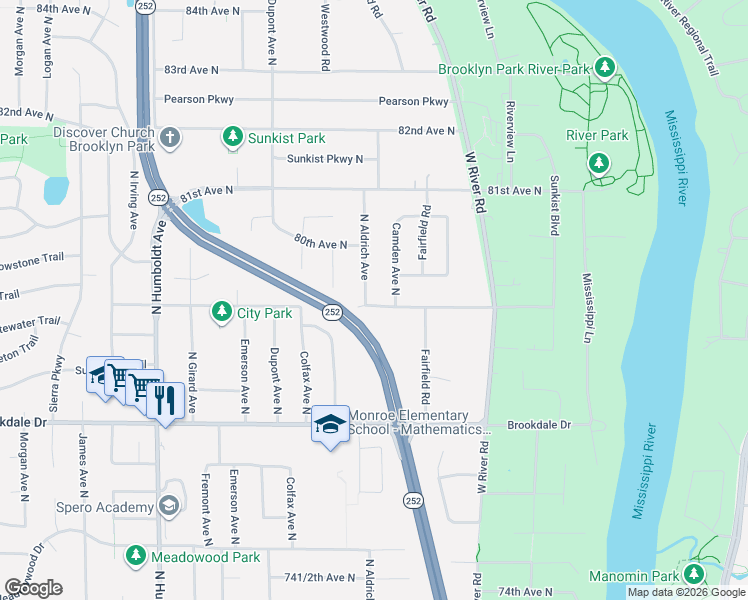 map of restaurants, bars, coffee shops, grocery stores, and more near 719 79th Avenue North in Minneapolis