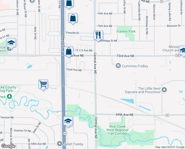 map of restaurants, bars, coffee shops, grocery stores, and more near 1287 Norton Avenue Northeast in Fridley