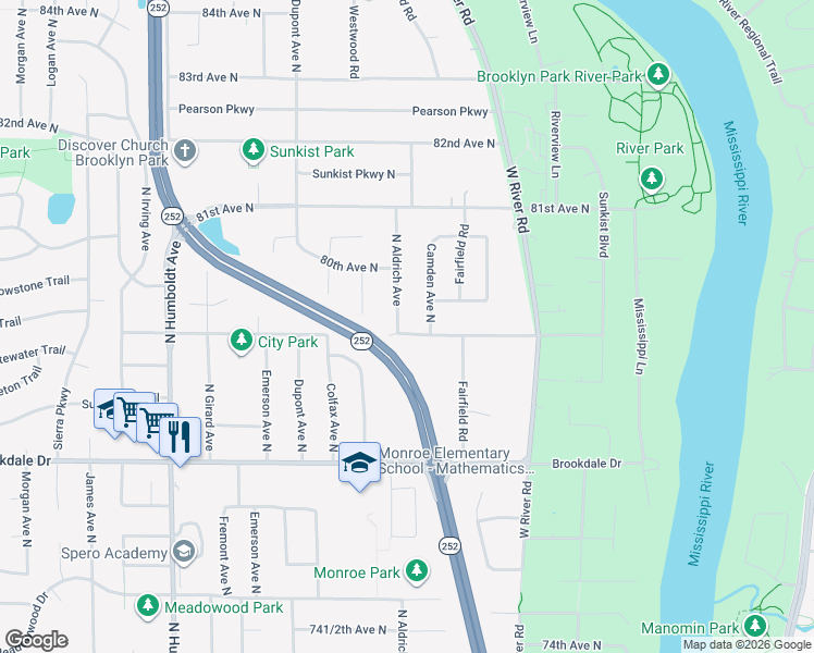 map of restaurants, bars, coffee shops, grocery stores, and more near 719 79th Avenue North in Minneapolis