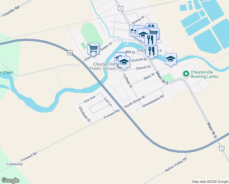 map of restaurants, bars, coffee shops, grocery stores, and more near 19 Lori Lane in Chesterville