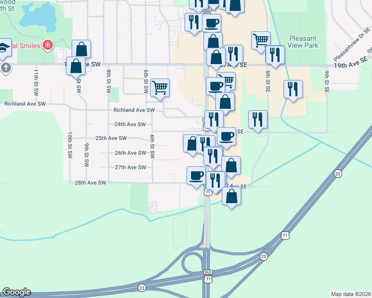 map of restaurants, bars, coffee shops, grocery stores, and more near 300 26th Avenue Southwest in Willmar