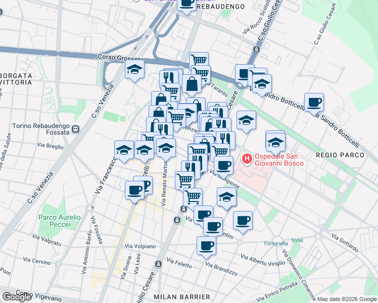 map of restaurants, bars, coffee shops, grocery stores, and more near 4-8 Via Federico Garlanda in Torino