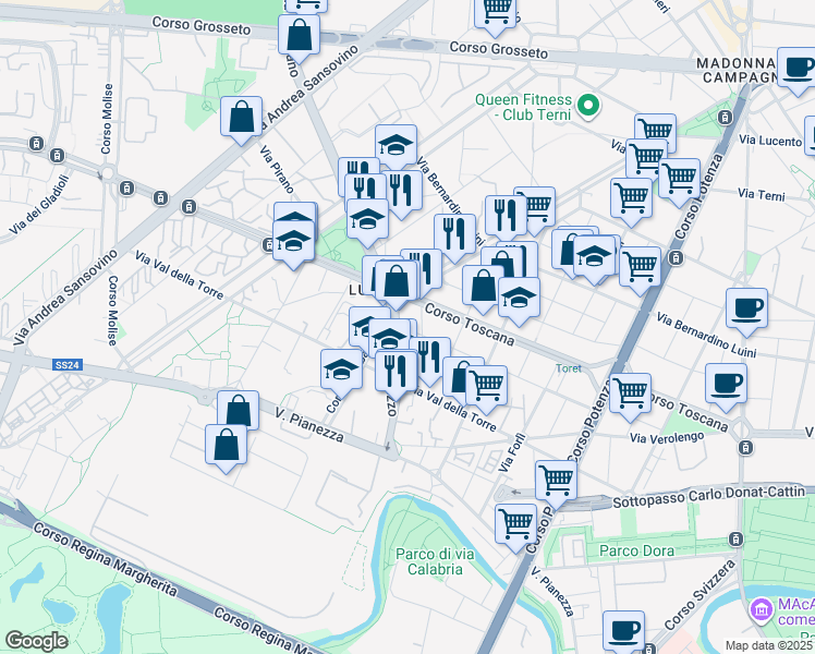 map of restaurants, bars, coffee shops, grocery stores, and more near 99 Corso Toscana in Torino
