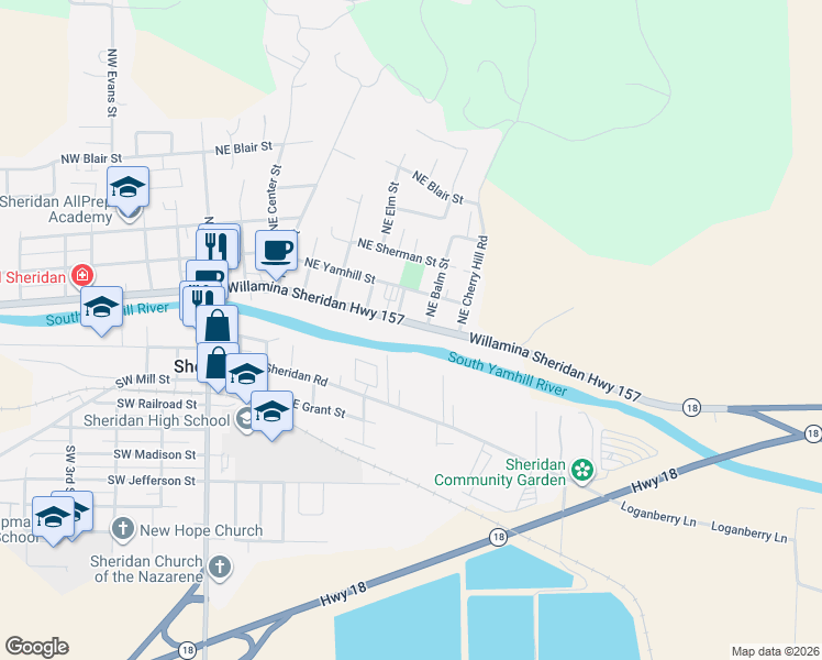 map of restaurants, bars, coffee shops, grocery stores, and more near 730 East Main Street in Sheridan