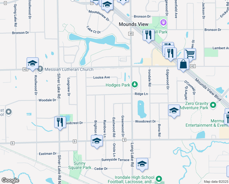 map of restaurants, bars, coffee shops, grocery stores, and more near 2613 Clearview Avenue in Mounds View