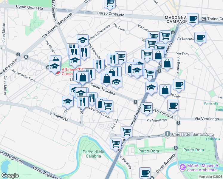 map of restaurants, bars, coffee shops, grocery stores, and more near 34a Via Emilio Brusa in Torino