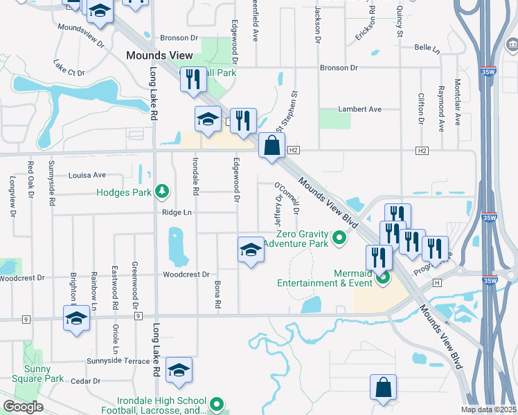 map of restaurants, bars, coffee shops, grocery stores, and more near 5279 Greenfield Avenue in Mounds View