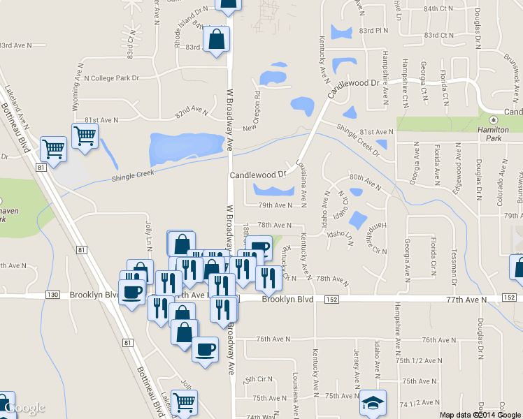 map of restaurants, bars, coffee shops, grocery stores, and more near 7325 Candlewood Drive in Minneapolis