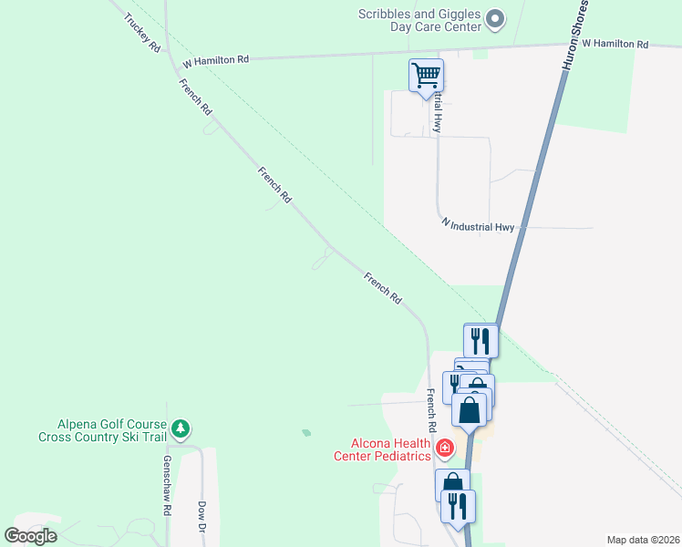 map of restaurants, bars, coffee shops, grocery stores, and more near 3136-3698 French Road in Alpena