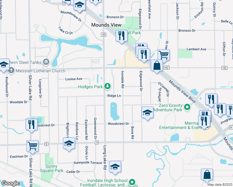 map of restaurants, bars, coffee shops, grocery stores, and more near 5232 Skiba Drive in Mounds View
