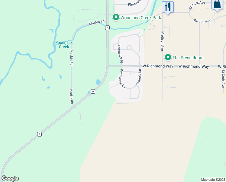 map of restaurants, bars, coffee shops, grocery stores, and more near 1247 Norway Pine Circle in New Richmond
