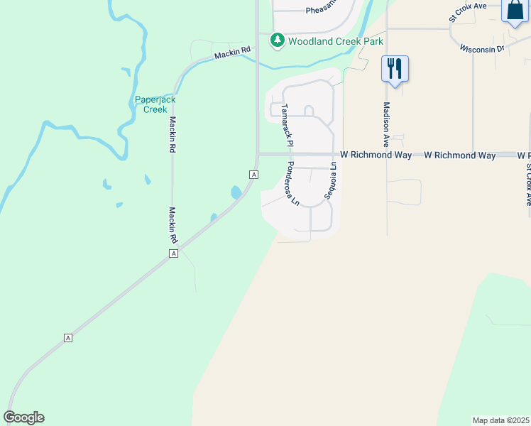 map of restaurants, bars, coffee shops, grocery stores, and more near 1247 Norway Pine Circle in New Richmond