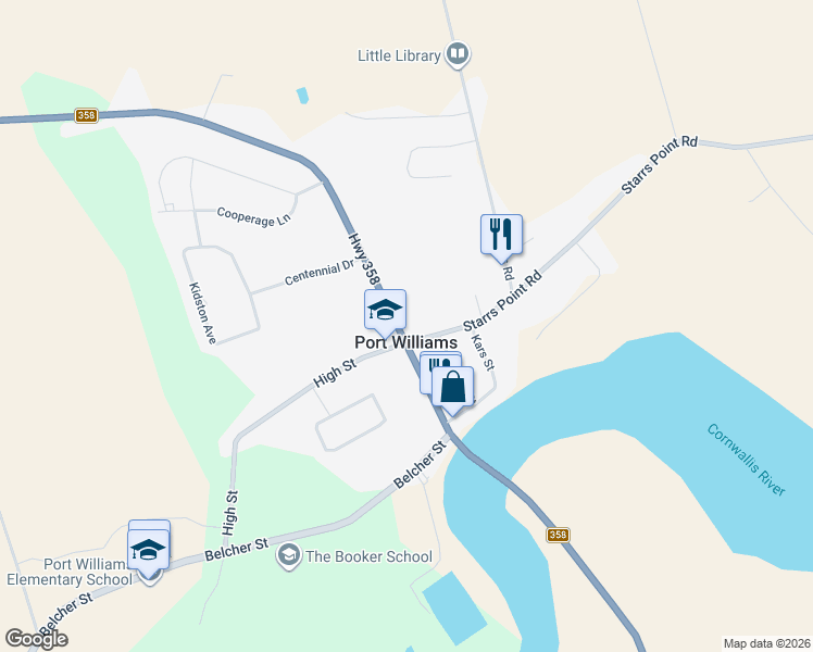 map of restaurants, bars, coffee shops, grocery stores, and more near 1046 Nova Scotia 358 in Port Williams