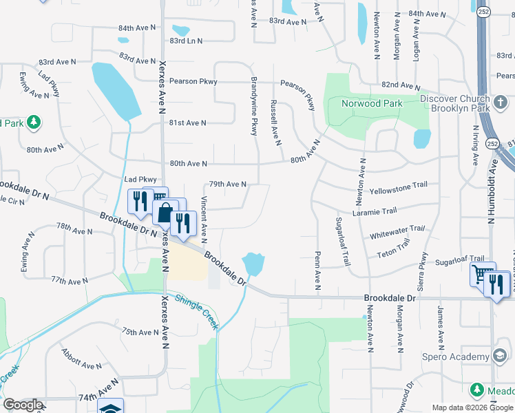 map of restaurants, bars, coffee shops, grocery stores, and more near 2612 77th Boulevard North in Minneapolis
