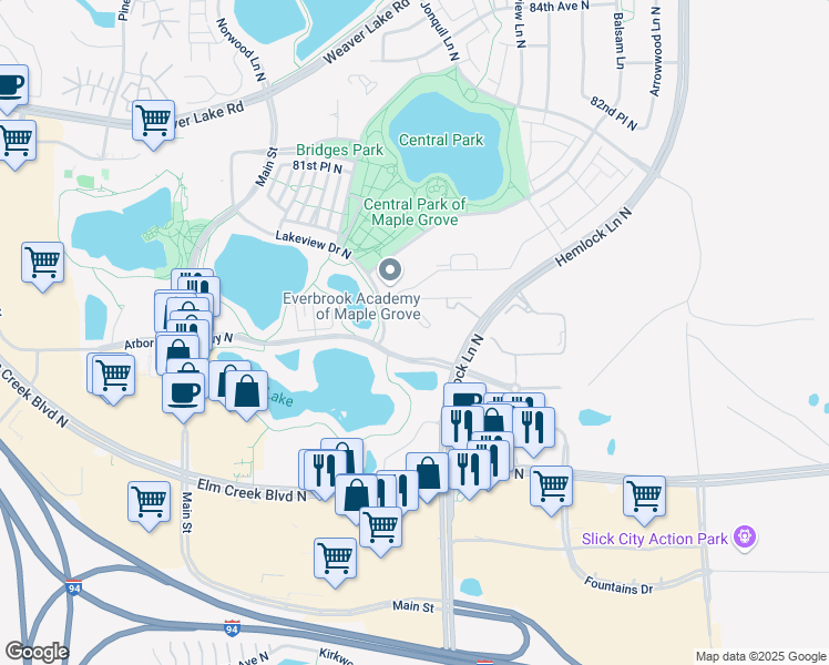 map of restaurants, bars, coffee shops, grocery stores, and more near 12001 80th Avenue North in Maple Grove