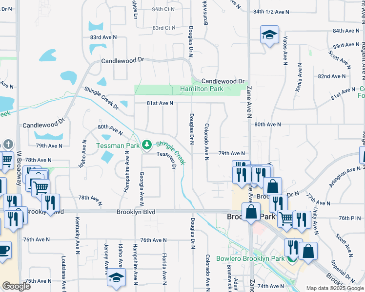 map of restaurants, bars, coffee shops, grocery stores, and more near 7816 Shingle Creek Drive in Minneapolis