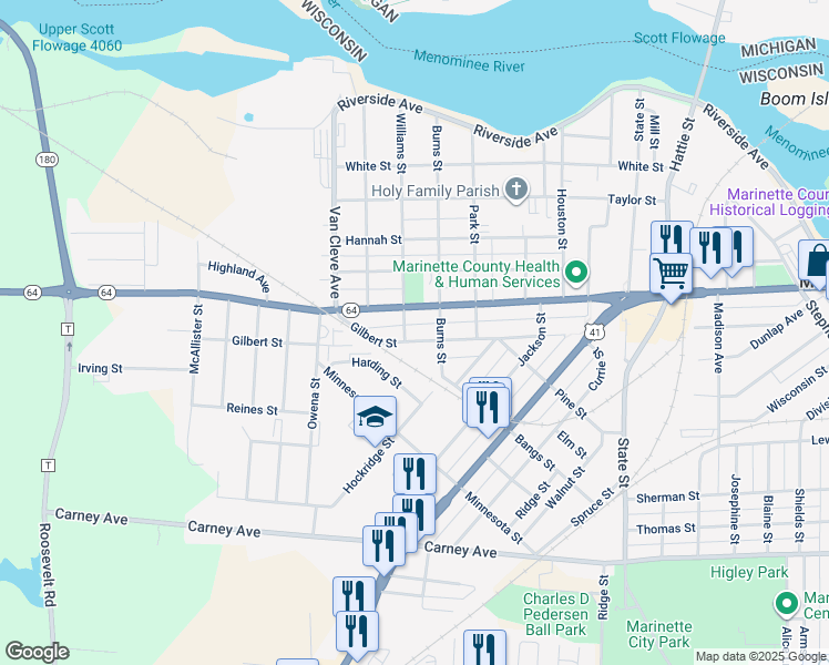 map of restaurants, bars, coffee shops, grocery stores, and more near 2907 Hall Avenue in Marinette
