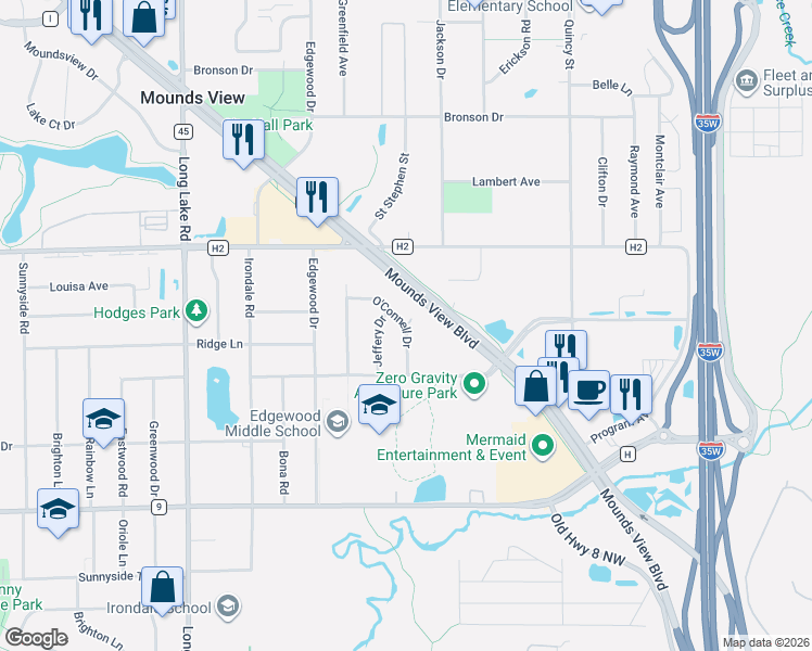 map of restaurants, bars, coffee shops, grocery stores, and more near 2330 Mounds View Boulevard in Mounds View
