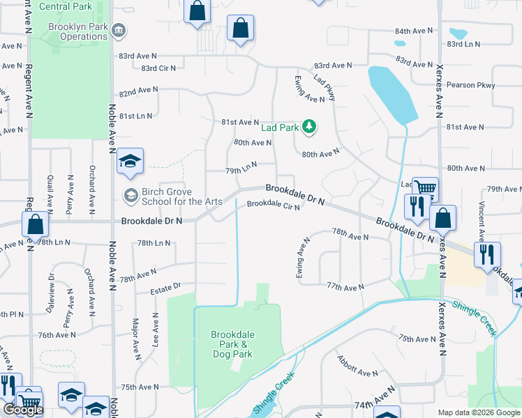 map of restaurants, bars, coffee shops, grocery stores, and more near 3816 Brookdale Circle North in Minneapolis