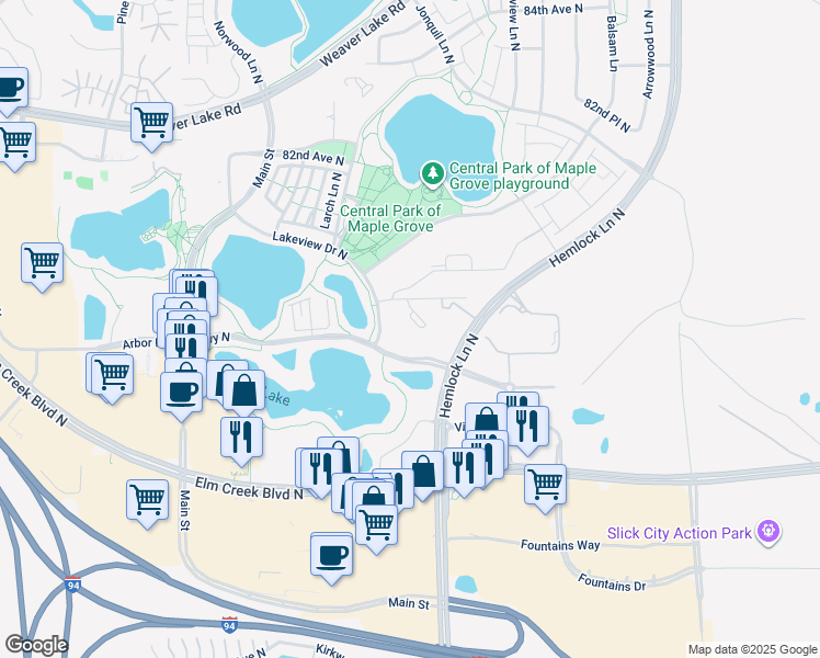 map of restaurants, bars, coffee shops, grocery stores, and more near 12001 80th Avenue North in Maple Grove