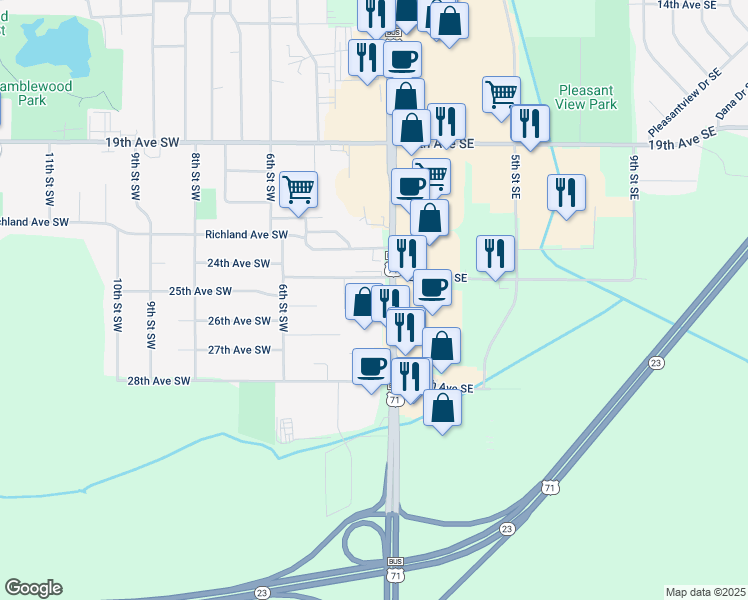 map of restaurants, bars, coffee shops, grocery stores, and more near 2424 1st Street South in Willmar