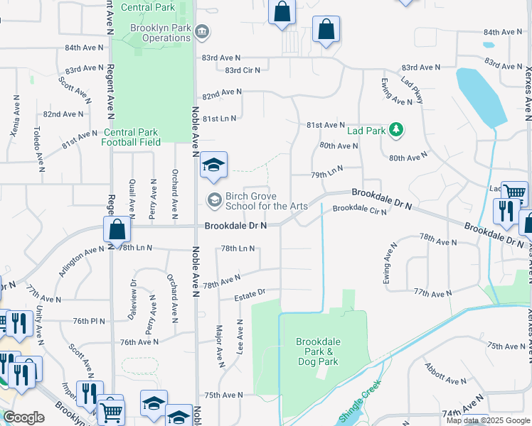 map of restaurants, bars, coffee shops, grocery stores, and more near 7929 Kyle Avenue North in Minneapolis