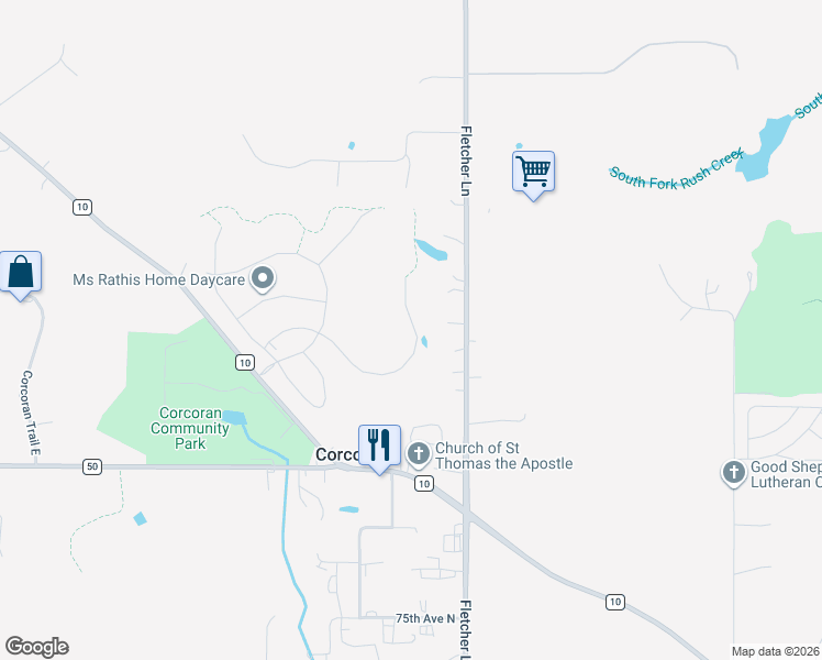 map of restaurants, bars, coffee shops, grocery stores, and more near 8001 County Road 116 in Corcoran