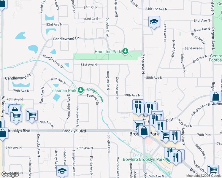 map of restaurants, bars, coffee shops, grocery stores, and more near 7924 Douglas Drive North in Minneapolis