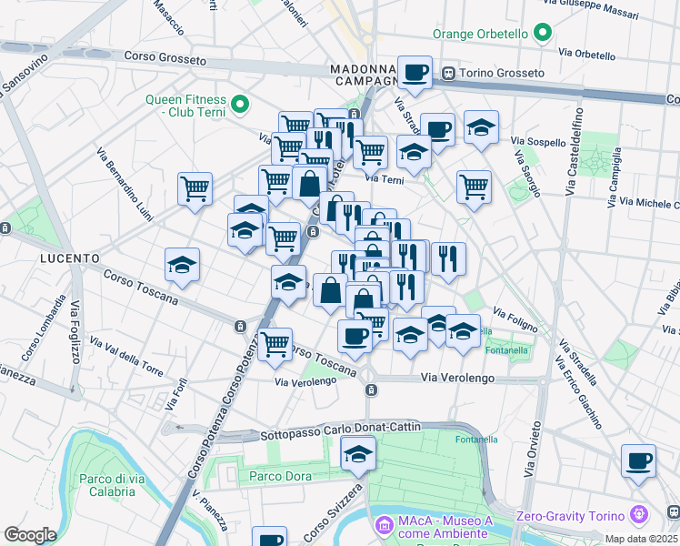 map of restaurants, bars, coffee shops, grocery stores, and more near 2-10 Via Giovan Battista Quadrone in Turin