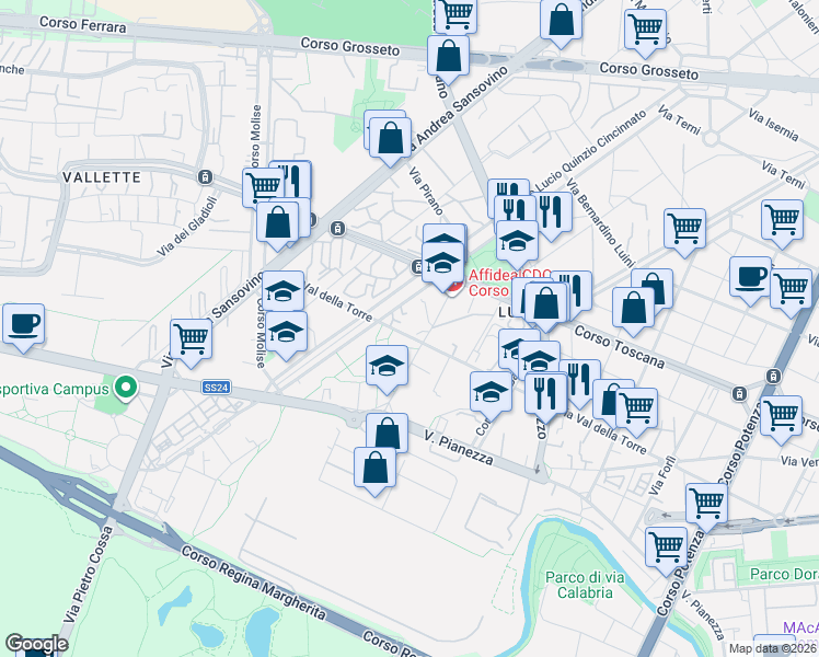 map of restaurants, bars, coffee shops, grocery stores, and more near 188 Via Val della Torre in Torino