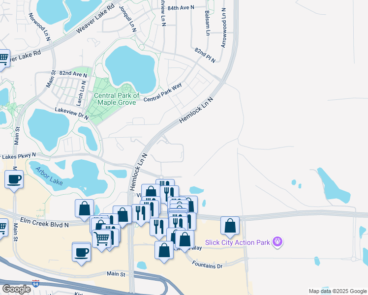 map of restaurants, bars, coffee shops, grocery stores, and more near 11650 Arbor Lakes Parkway North in Maple Grove
