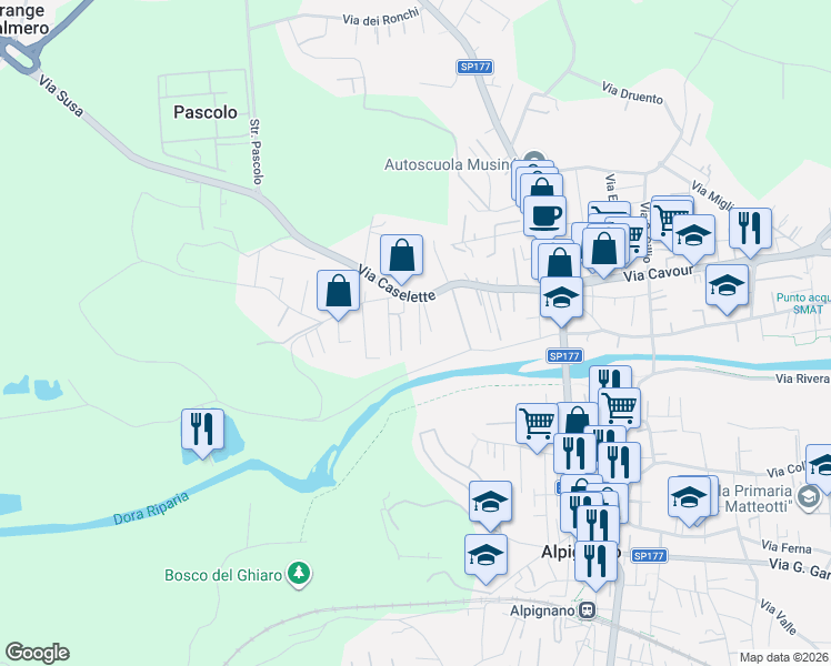 map of restaurants, bars, coffee shops, grocery stores, and more near 45 Via Caselette in Alpignano