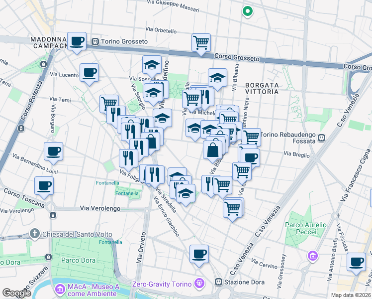 map of restaurants, bars, coffee shops, grocery stores, and more near 111 Via Breglio in Torino