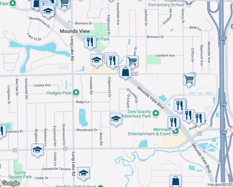 map of restaurants, bars, coffee shops, grocery stores, and more near 5279 Greenfield Avenue in Mounds View