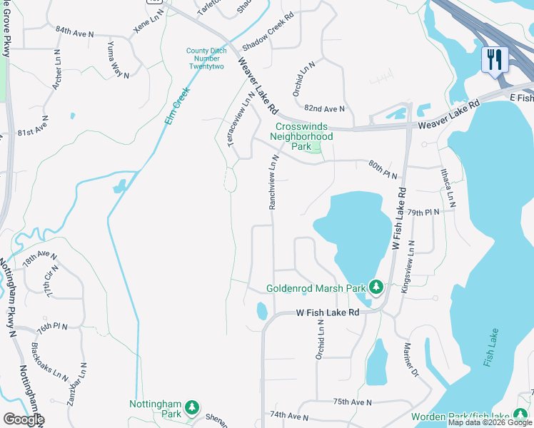 map of restaurants, bars, coffee shops, grocery stores, and more near 7933 Ranchview Lane North in Maple Grove