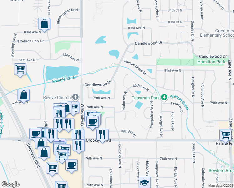 map of restaurants, bars, coffee shops, grocery stores, and more near 7916 Louisiana Avenue North in Minneapolis