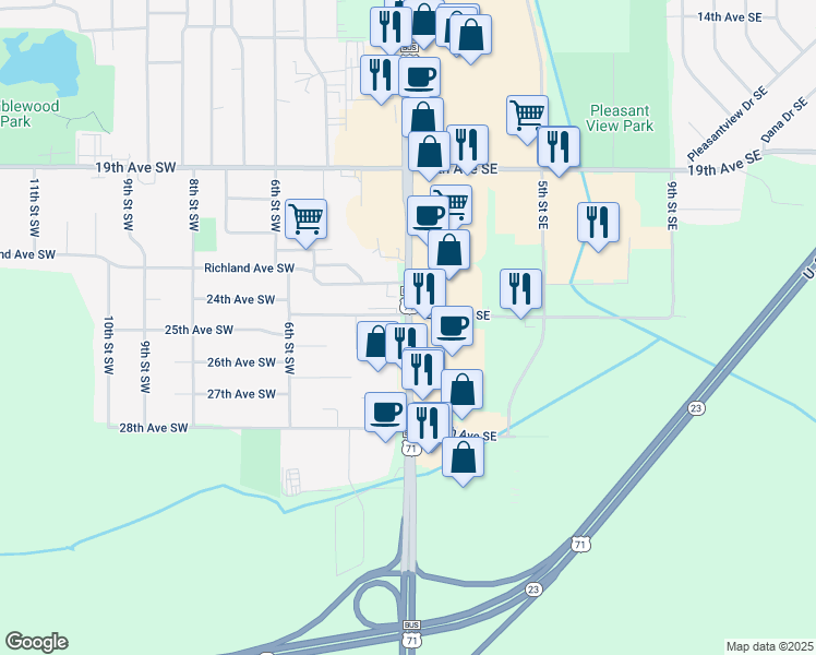 map of restaurants, bars, coffee shops, grocery stores, and more near 2424 1st Street South in Willmar